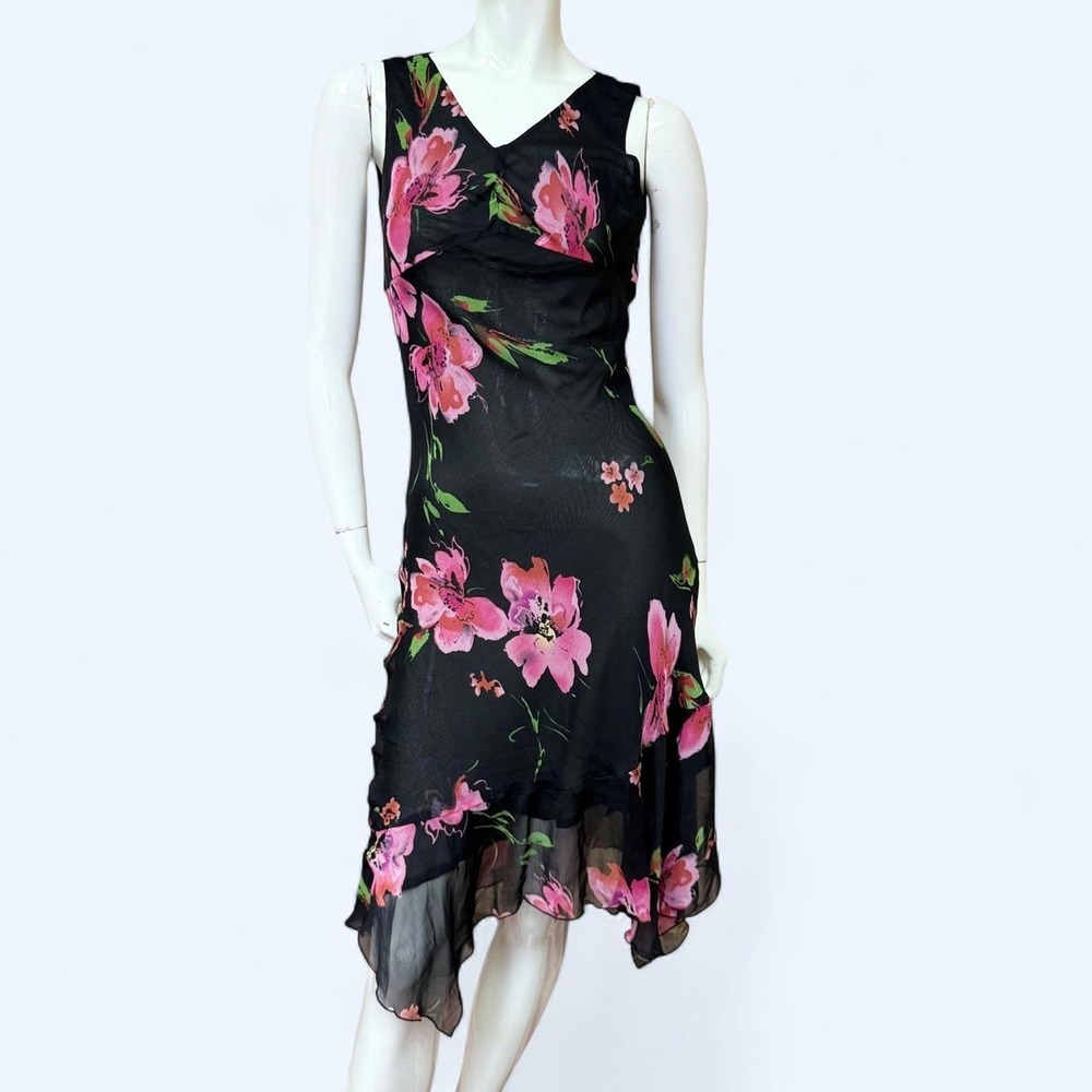 Aquarius Y2K Silk Black Pink Floral Asymmetrical Handkerchief Hem Midi Dress M